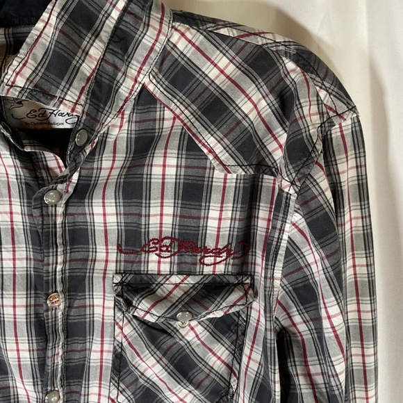 Ed Hardy Christian Audigier Men Large Blk Plaid Pearl Snap LS Western Shirt Vtg - Picture 4 of 9